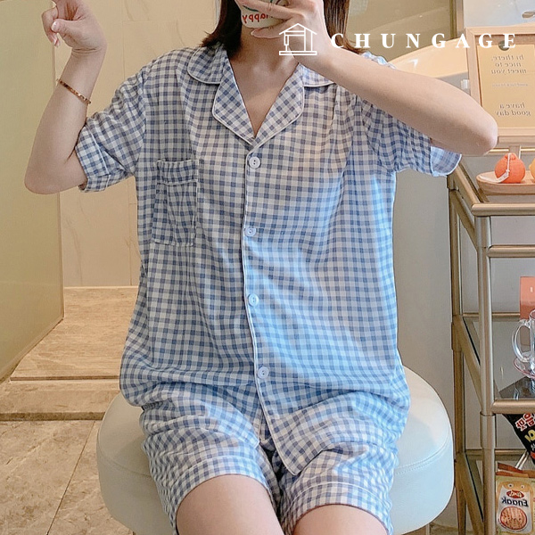 Pajamas Short-sleeve Shorts Shirt Top and Bottom Set Sleep Pajamas Pajamas 1003 Mary Check Sky 14