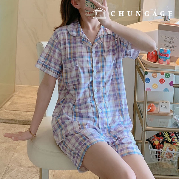 Pajamas Short-sleeve Shorts Shirt Top and Bottom Set Sleep Pajamas Pajamas 1003 Tartan Check Lavender 16