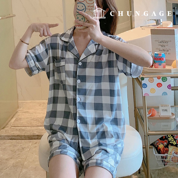 Pajamas Short-sleeve Shorts Shirt Top and Bottom Set Sleep Pajamas Pajamas 1003 Big Check Blue Gray 19