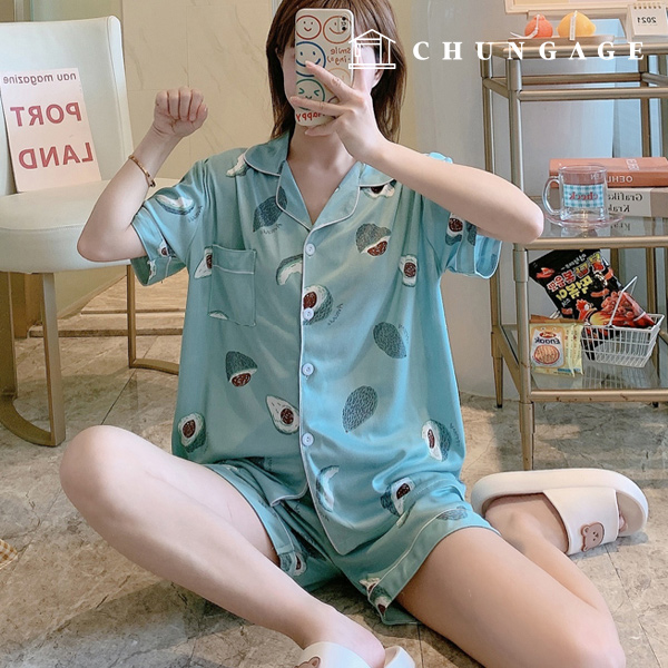 Pajamas Short-sleeve Shorts Shirt Top and Bottom Set Sleep Pajamas Pajamas 1003 Avocado Oil 24