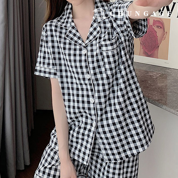 Pajamas Short-sleeve Shorts Shirt Top and Bottom Set Sleep Pajamas Pajamas 1003 Mary Check Black 29