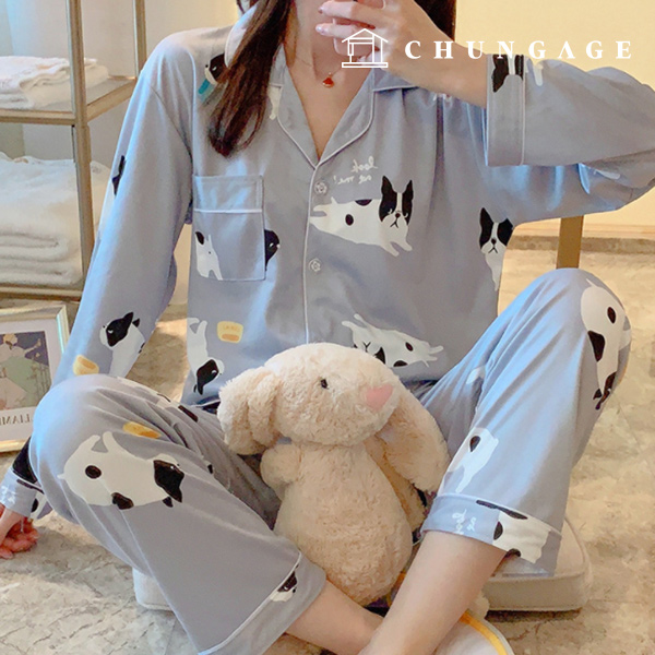 Pajamas Long-sleeve Long Pants Shirt Top and Bottom Set Sleep Pajamas Pajamas French Dog 14