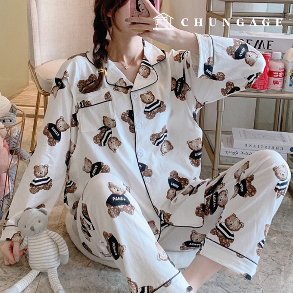 Pajamas Long-sleeve Long Pants Shirt Top and Bottom Set Sleep Pajamas Pajamas Teddy Bear White 17