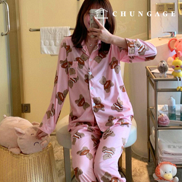 Pajamas Long-sleeve Long Pants Shirt Top and Bottom Set Sleep Pajamas Pajamas Teddy Bear Pink 18