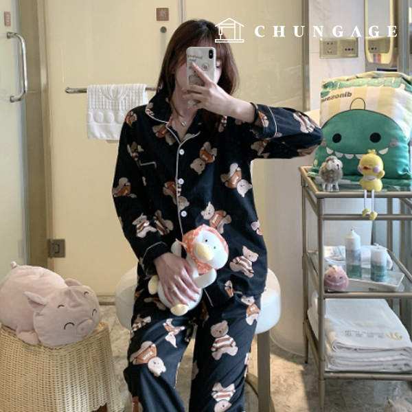 Pajamas Long-sleeve Long Pants Shirt Top and Bottom Set Sleep Pajamas Pajamas Teddy Bear Black 19