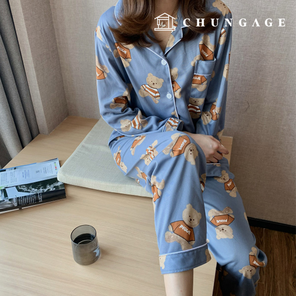 Pajamas Long-sleeve Long Pants Shirt Top and Bottom Set Sleep Pajamas Pajamas Teddy Bear Blue 20