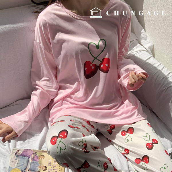 Pajamas Long-sleeve Long Pants Round Top and Bottom Set Sleep Pajamas Pajamas 1319 Heart Cherry 06