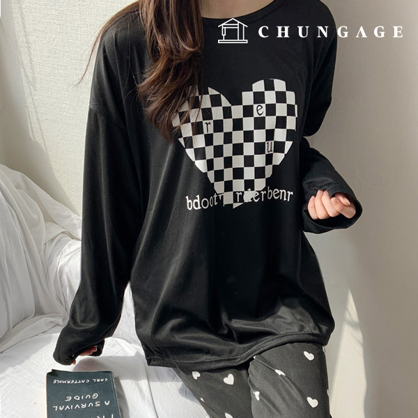 Pajamas Long-sleeve Long Pants Round Top and Bottom Set Sleep Pajamas Pajamas 1319 Black Checker Heart 07