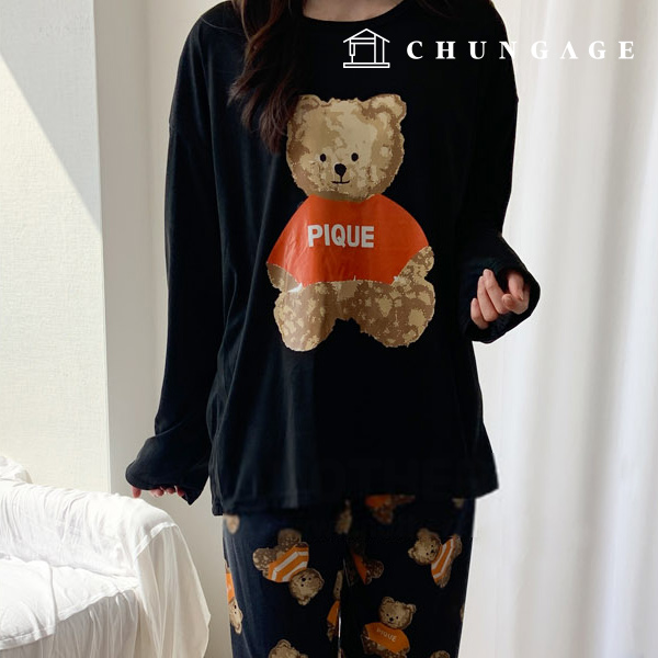 Pajamas Long-sleeve Long Pants Round Top and Bottom Set Sleep Pajamas Pajamas 1319 Black Poodle Bear 10