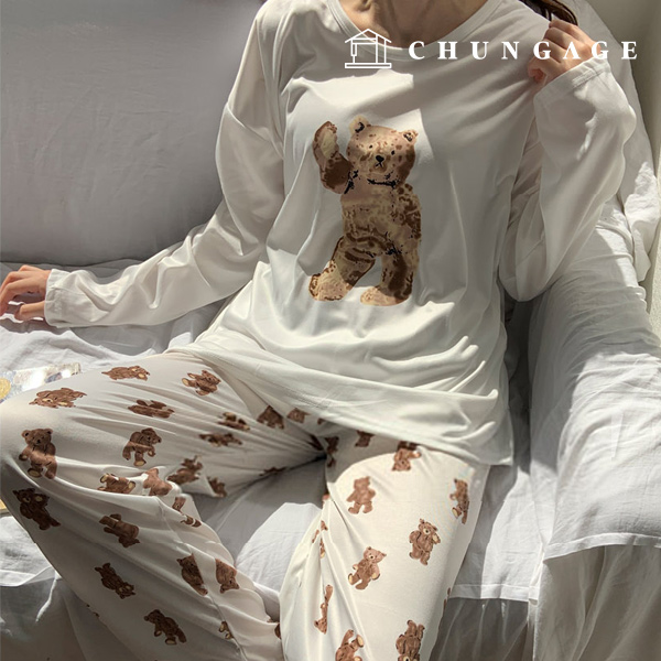 Pajamas Long-sleeve Long Pants Round Top and Bottom Set Sleep Pajamas Pajamas 1319 Cream Hello Bear 11