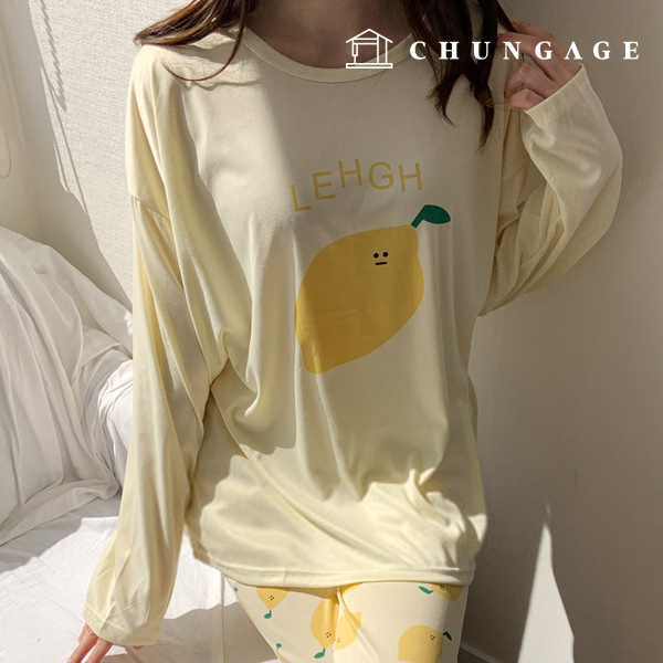 Pajamas Long-sleeve Long Pants Round Top and Bottom Set Sleep Pajamas Pajamas 1319 Lemon Syrup 13