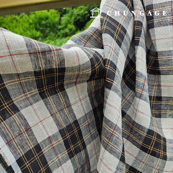 Linen Fabric Washing Checked Cloth Wide Width Black Yellow Check