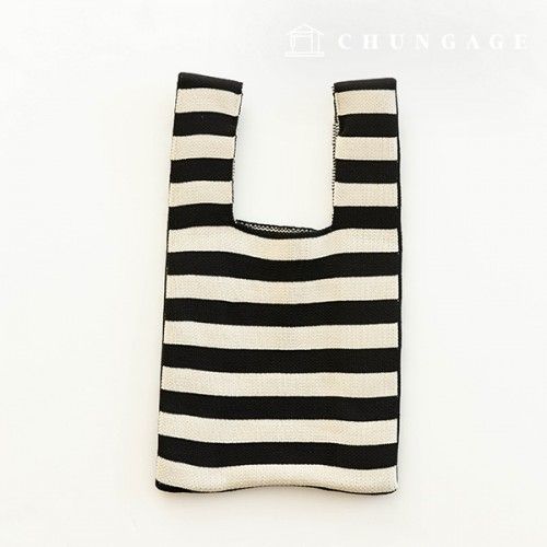 Knit Mini Hand Bag Check Knit Bag Wrist Bag Black Stripe