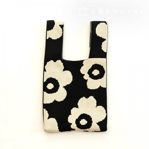 Knit Mini Hand Bag Check Knit Bag Wrist Bag Black Flower