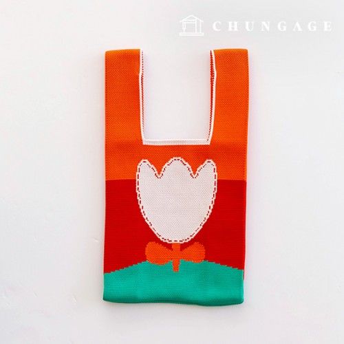 Knit Mini Hand Bag Check Knit Bag Wrist Bag Orange Tulip