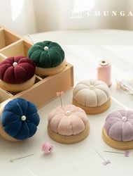 Wood pin cushion Velvet needle flower basting pin holder Pumpkin wooden base pin rod