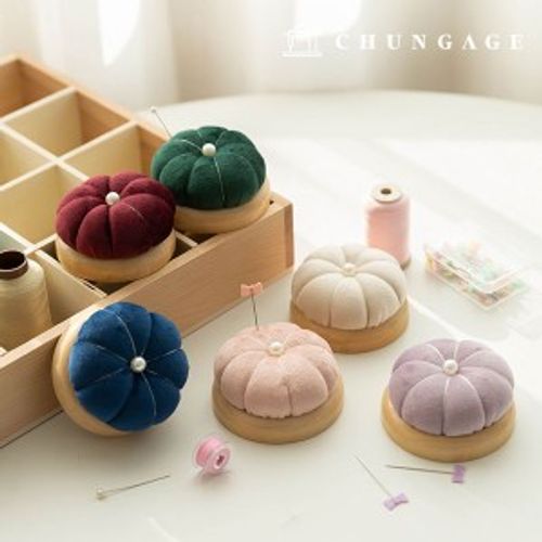 Wood pin cushion Velvet needle flower basting pin holder Pumpkin wooden base pin rod