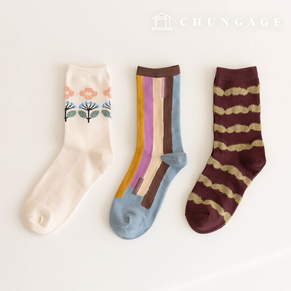 Winter Knit Mid-Calf Socks Corrugated Design Women's Fashion Socks 3-Piece SetC