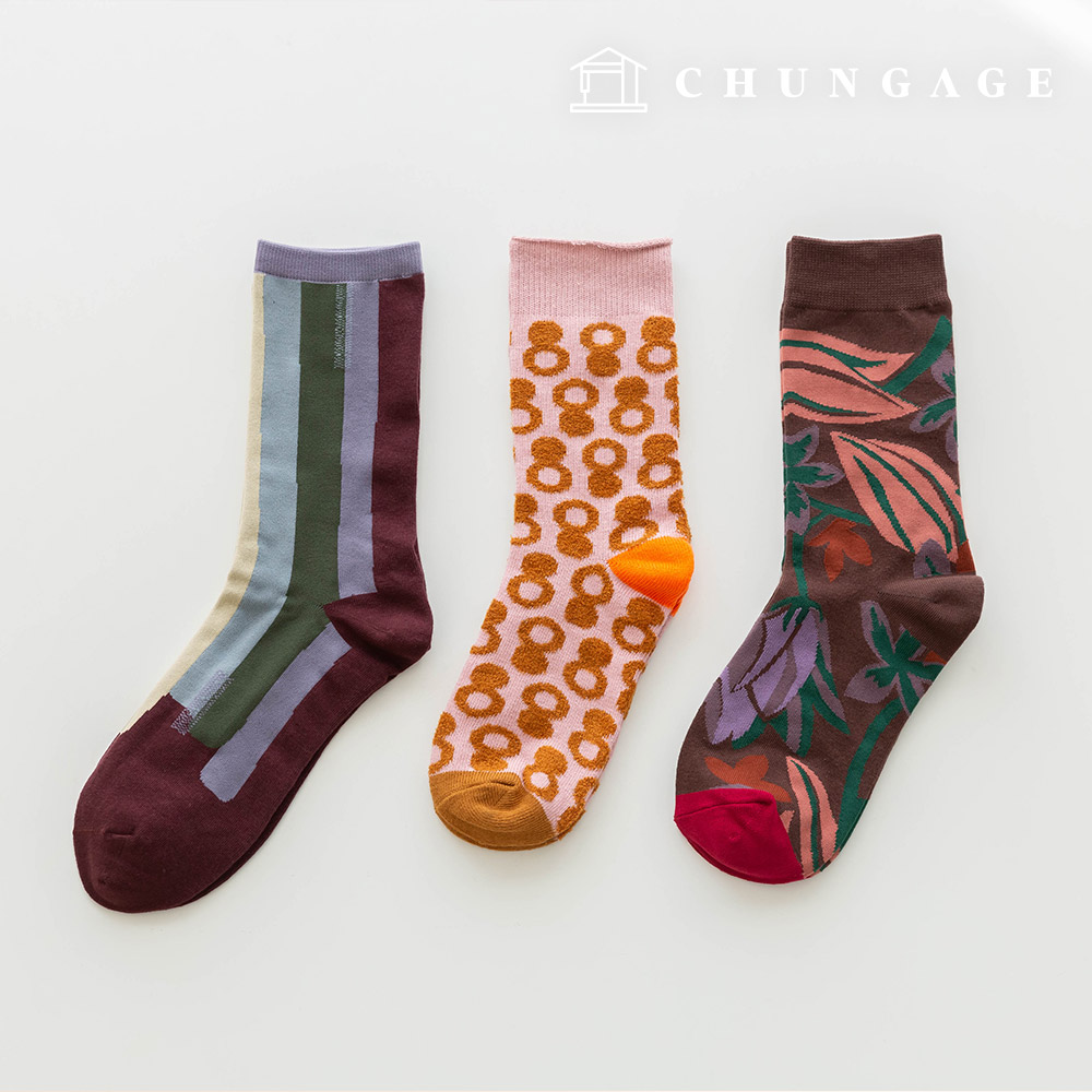 Winter Knit Mid-Calf Socks Corrugated Design Women's Fashion Socks 3-Piece SetD