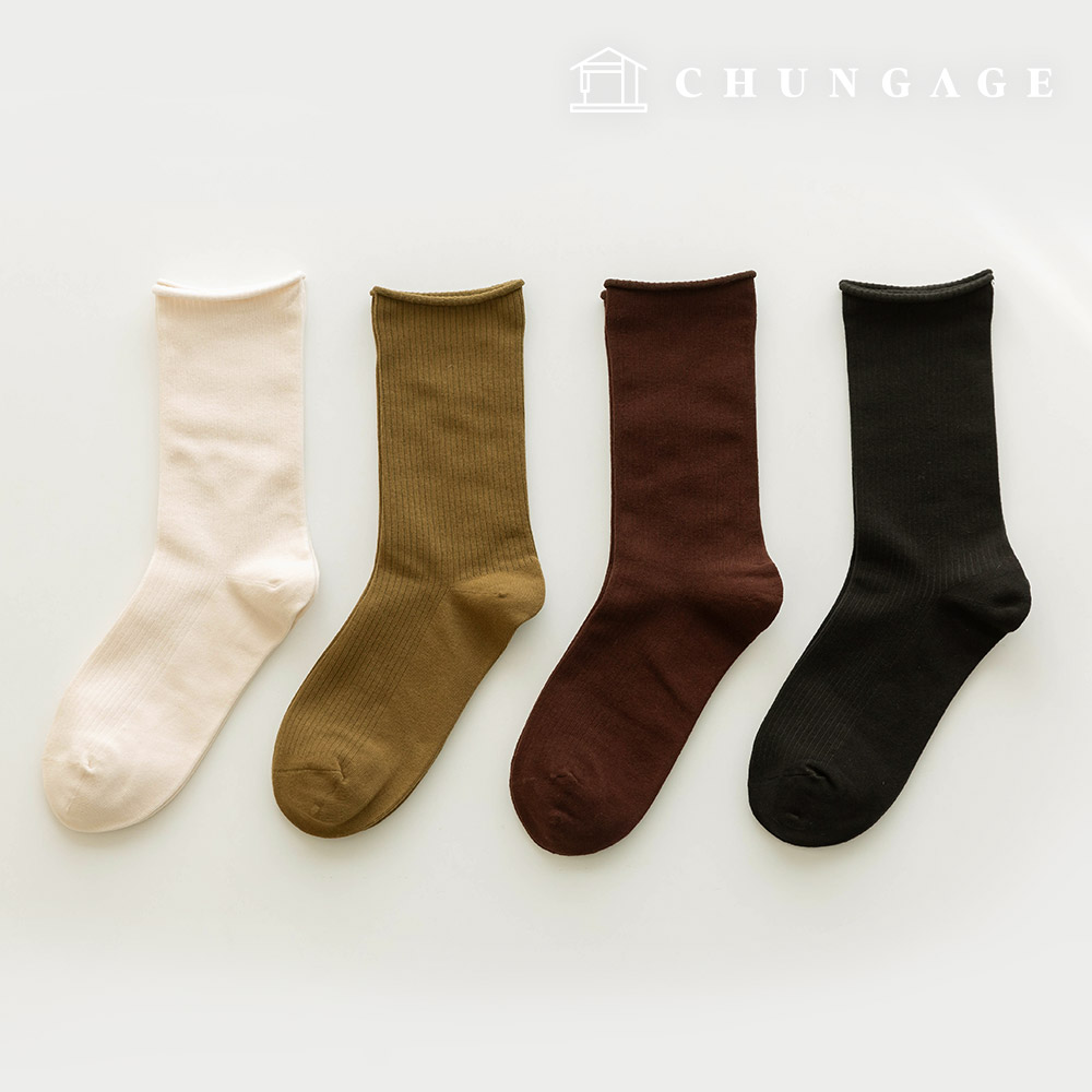 Winter Knit Mid-Calf Socks Corrugated Plain Women's Fashion Socks 4-Piece SetE