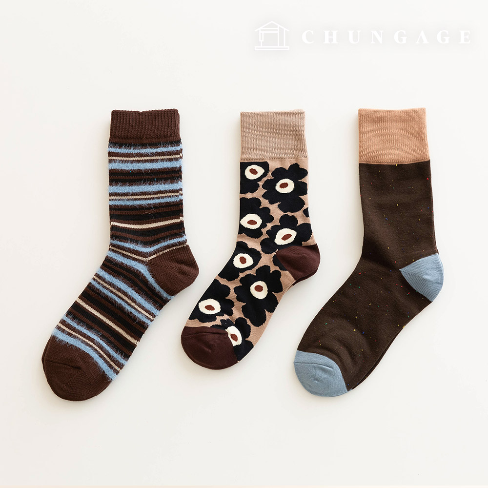 Winter Knit Mid-Calf Socks Corrugated Design Women's Fashion Socks 3-Piece SetB