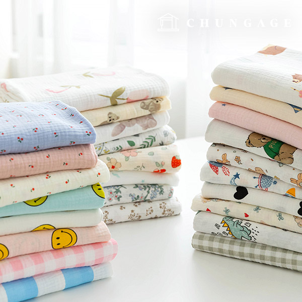 Yoru double gauze fabric cotton non-fluorescent biowashed floral pattern Flower Check Stripe bear fabric 36 types